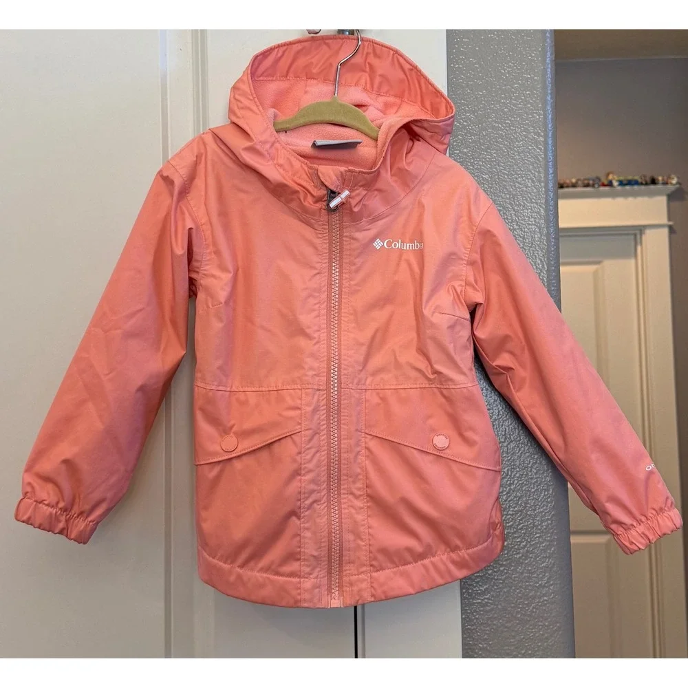 Columbia Girls 3T Coral Fleece Lined Omni-Tech Hooded Rain Jacket Rainy Trails